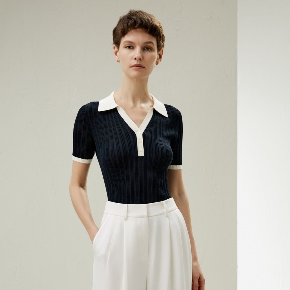 Lily Silk V Neck Ribbed Silk Knit Top